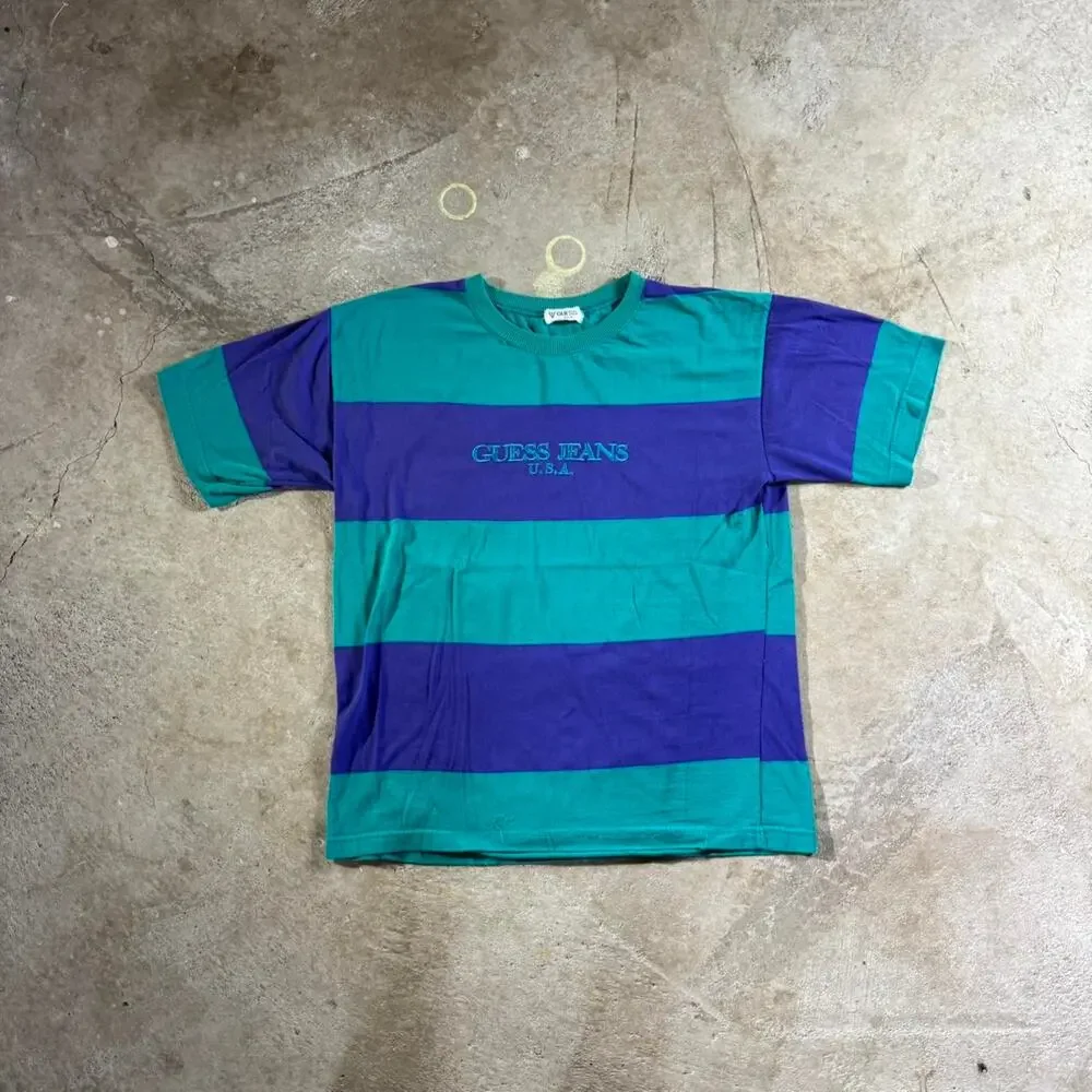 Vintage VTG 90’s Guess Jeans Striped Single Stitch Graphic T-Shirt - Picture 3 of 7